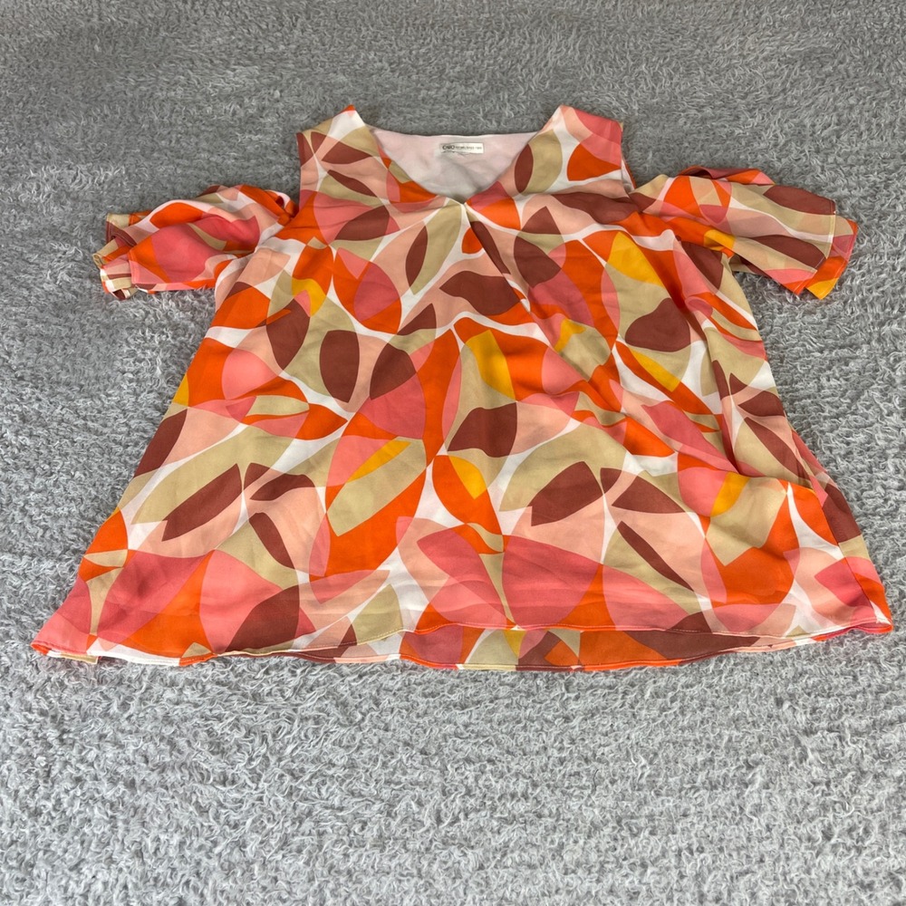 Cato Cold Shoulder Blouse Orange Pink Geometric Leaf Print V-Neck Top Womens L - Picture 1 of 8